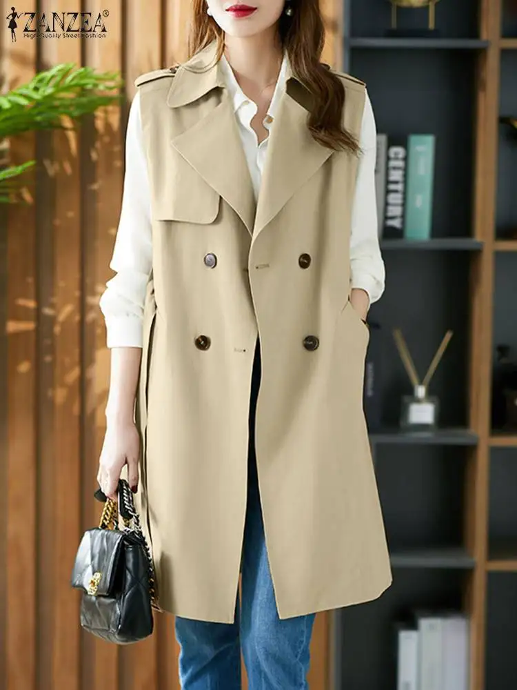 ZANZEA Women Sleeveless Waistcoat Windbreaker Elegant Belted Lapel Collar Casual Long Coat 2024 Spring Buttons Pocket Outwear