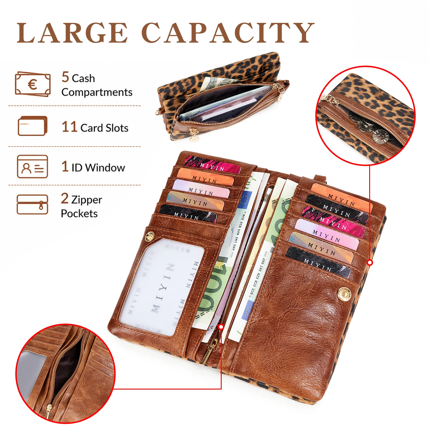 Retro Leopard Print Women's Wallet RFID Double Zipper Long Wallet Multi-Functional Credit Card Holder Women's Clutch with Wrist