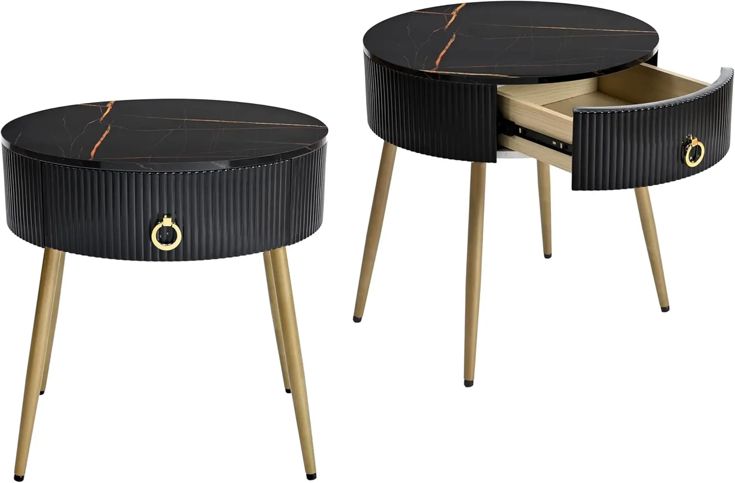 Nightstand Set Of 2, Round Side Table With High Gloss Faux Marble Tabletops, Modern Fluted 2 End Tables With Drawers And Metal