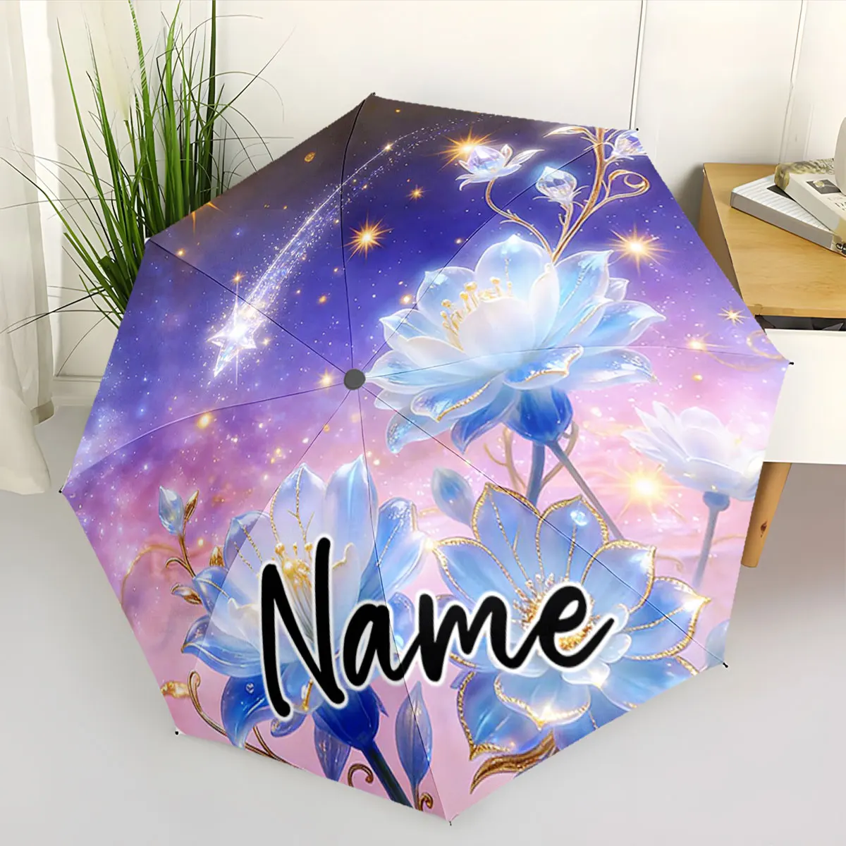 Custom Name Cosmic Floral Umbrella with Personalizable Design Print 8 Iron Ribs Folding Umbrella Auto-Open Fashion Sunshade