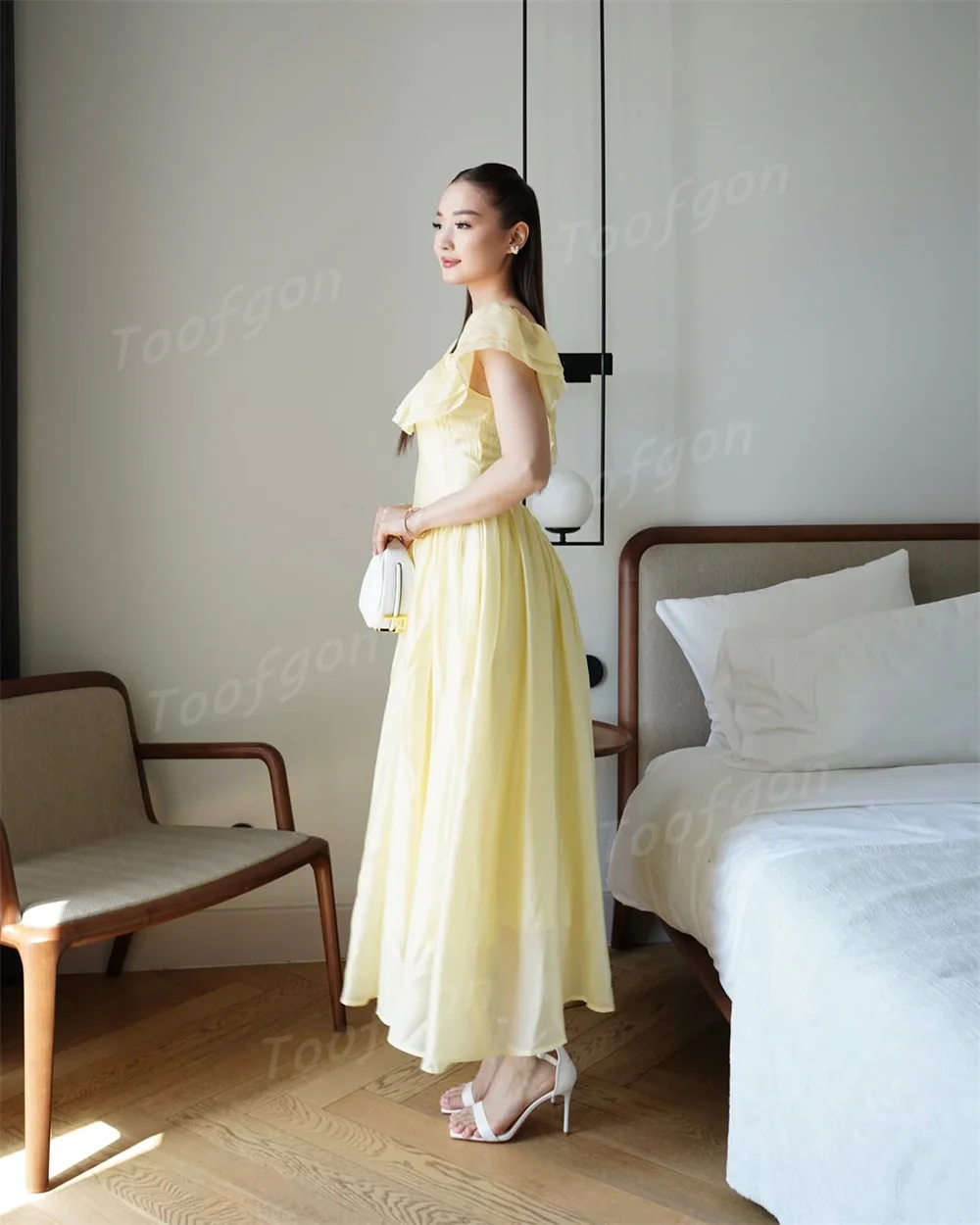Toofan с оборками, желтые вечерние платья трапециевидной формы, вечернее платье длиной до щиколотки по индивидуальному заказу, специальное платье для выпускного вечера знаменитостей с короткими рукавами