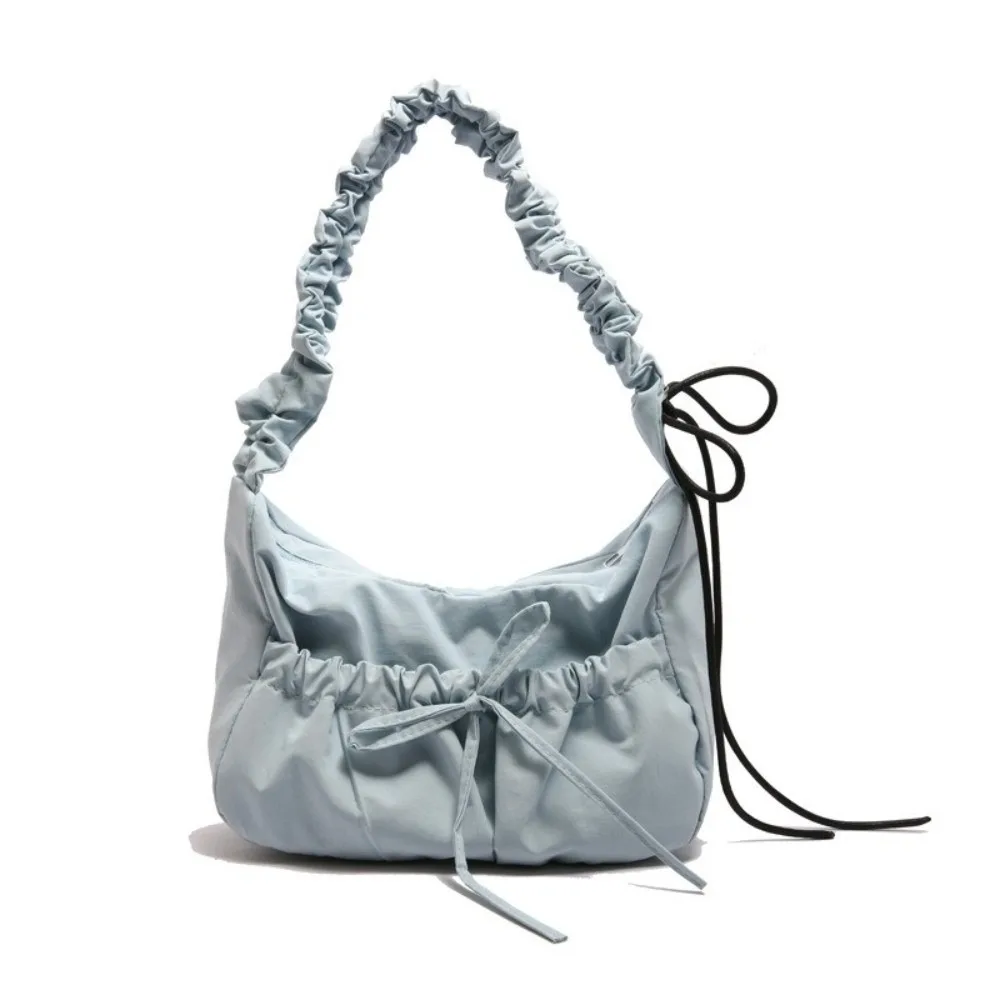 

Fashion Nylon Bow Pleated Bag Solid Color Drawstring Pleated Shoulder Bag Kroean Style Zipper Women's Handbag Lady