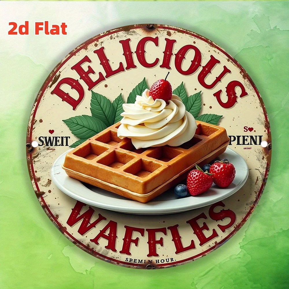 2D Flat, Vintage Belgian Waffle Wall Sign - Heavy-Duty Round Metal Waffle & Strawberry Art - Adhesive Backing for Easy Hang - Re