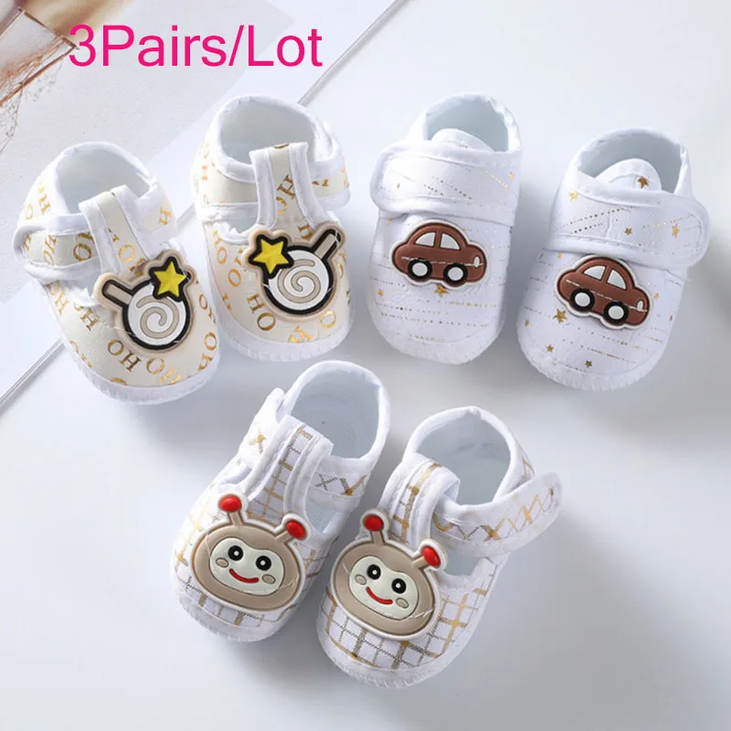 3 Pairs/lot Spring Cartoon Baby Shoes Cute Boys Girls Soft Sole Anti-Slip Infant Prewalker Newborn Crib Sock Shoes First Walkers