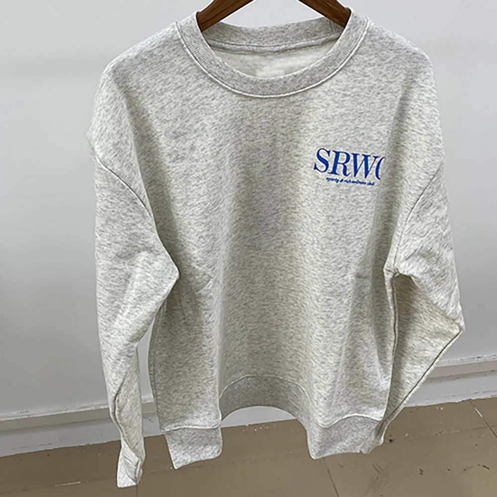 S5W224 Nueva sudadera con capucha gris con estampado de letras SRWC para mujer de nicho norteamericano de invierno