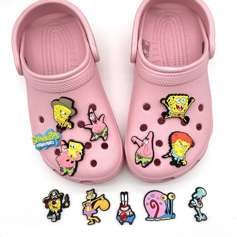 12Pcs SpongeBob SquarePants Series Shoe Charms for Clogs Bubble Slides Sandals PVC Shoe Decorations Buckle Accessories for Kids