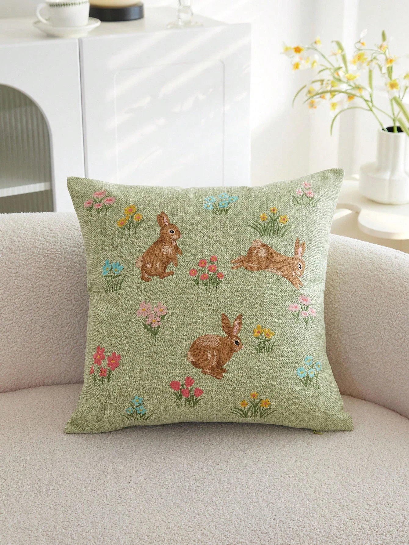 1 Stück Frühlings-Osterhase Blumen-Kissenbezug aus Polyester, 2D-Doppelseitiger Druck, Heimdekoration, Geschenk für Sofa, Schlafzimmer, Wohnzimmer