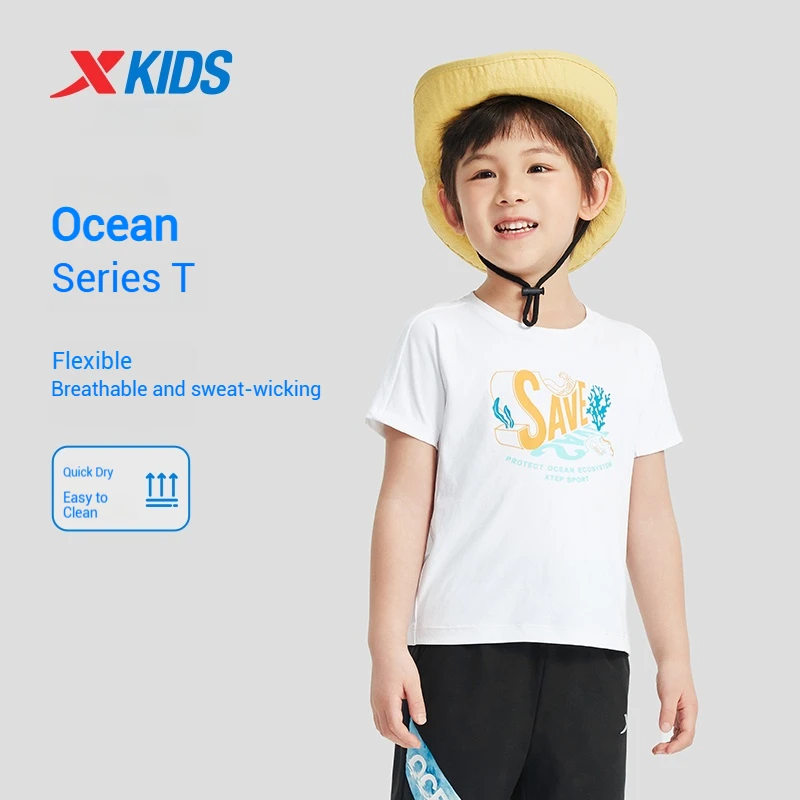 Детская футболка Xtep с короткими рукавами, лето 20225, новый стиль, быстросохнущая дышащая спортивная короткая футболка с круглым вырезом 675225019080