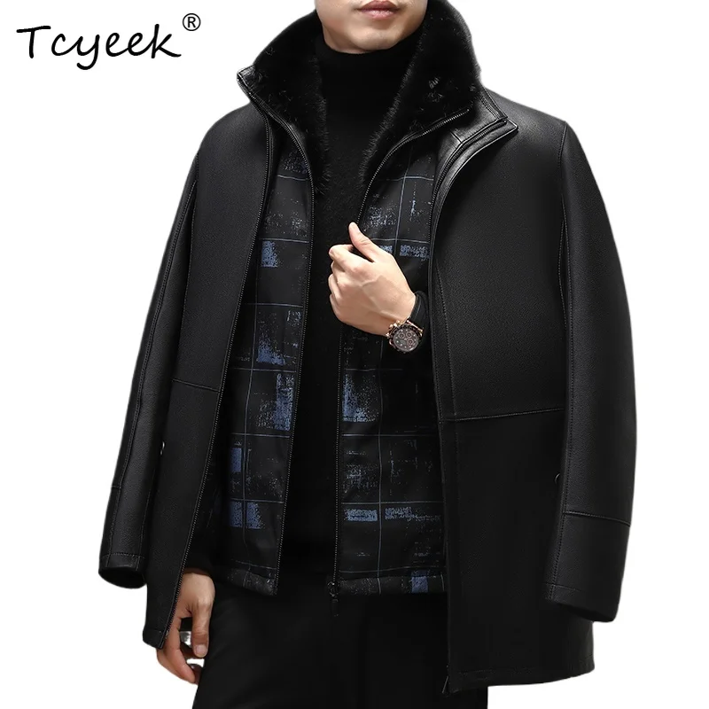 

Tcyeek Съемная норковая внутренняя подкладка Осень-зима Высококачественная модная черная мужская парка средней длины с лацканами Kurtka Puchowa Męska
