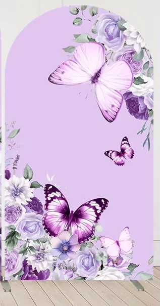 Mehofond roxo borboleta arco pano de fundo capa lavanda vestido de princesa doce 15th festa de aniversário parede arqueada decoração de flores 2 lados