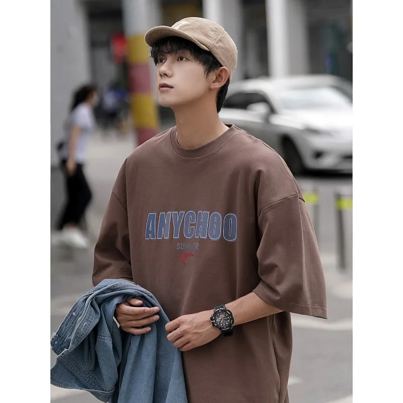 

High Quality Summer New Kun Short Sleeved Men's Trend Versatile Printed Loose Hong Kong Style Inner Matching T-shirt