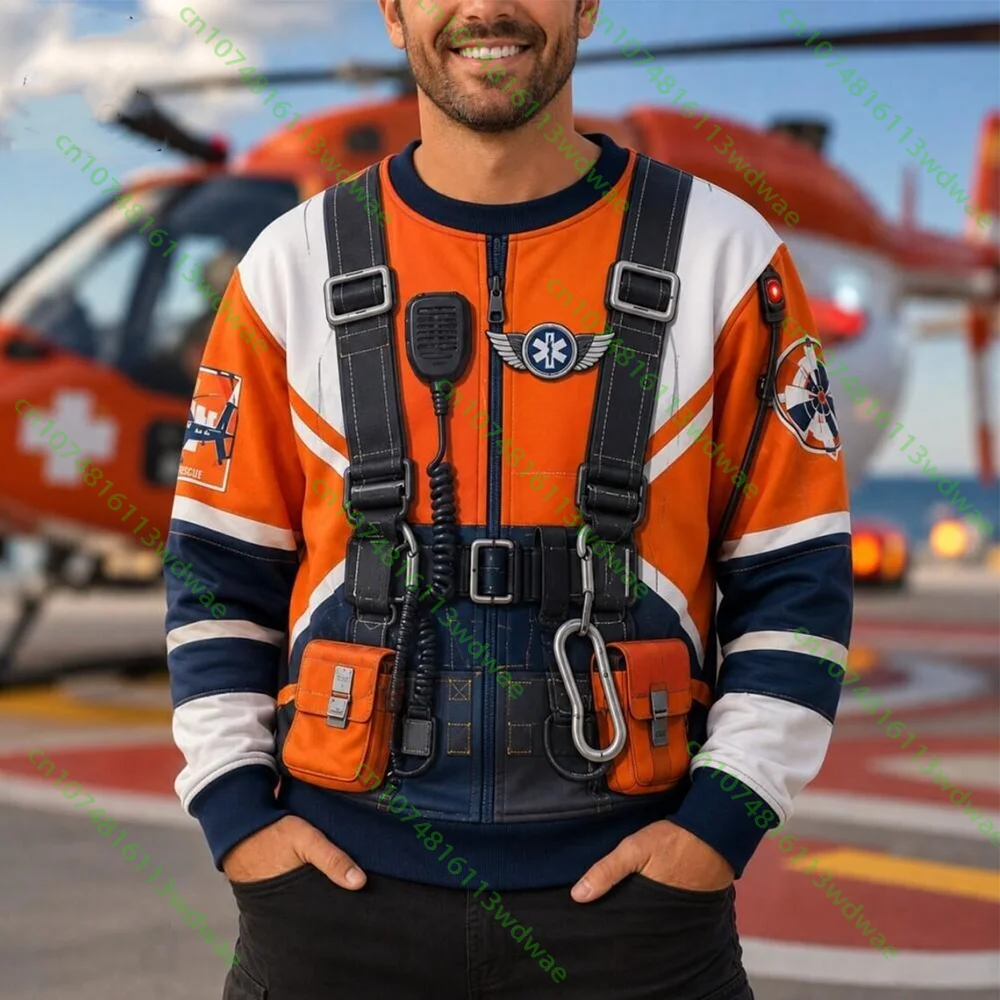 Men's Rescue Pilot Hoodie Emergency Rescue Helicopter Crew Uniform Shirt Search 3D Print Halloween Party Role-playing Costume