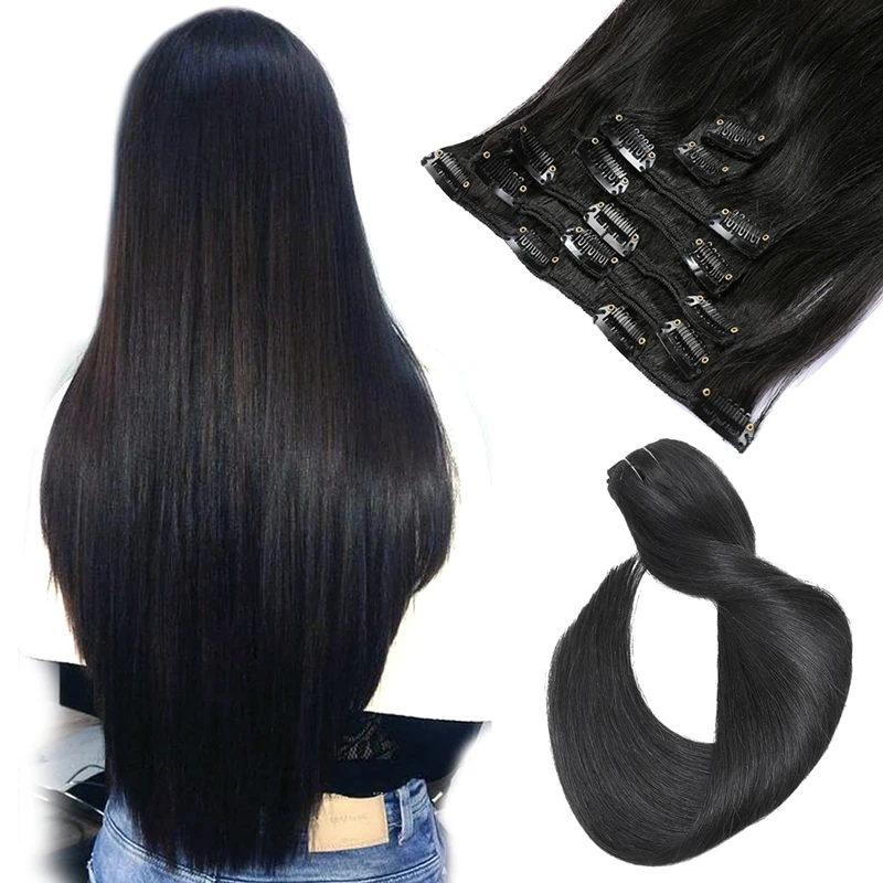 120G 7Pcs/Sets Clip In Hair Extensions Human Hair 18 to 24 Inch Brazilian Remy Straight Hair Natural Black 4 613 Color For Women