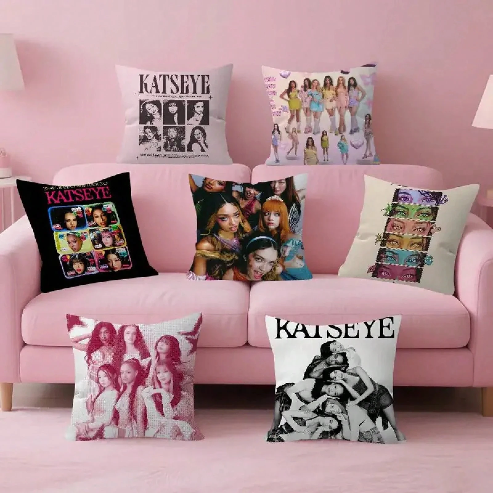 1pc Katseye Girl Group Throw Pillow Cover Polyester 2D Double‑Sided Print Kpop Idol for Sofa Living Room Fan Aesthetic Home Deco