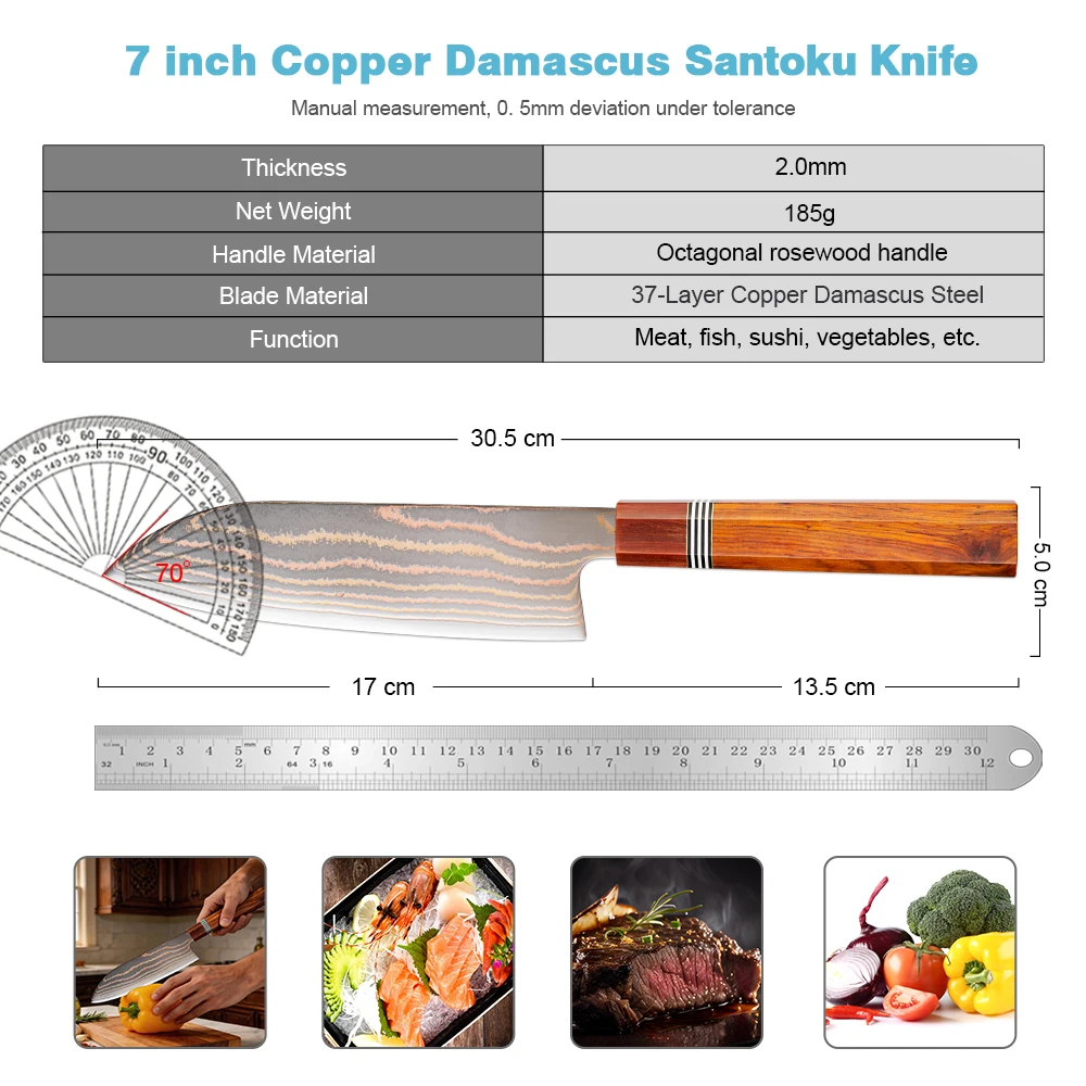 XITUO Santoku knife 7 Inch, Rosewood Handle, 37-layer Copper Damascus Steel Sharp Kitchen Cooking Knife for Cut Vegetables, Meat