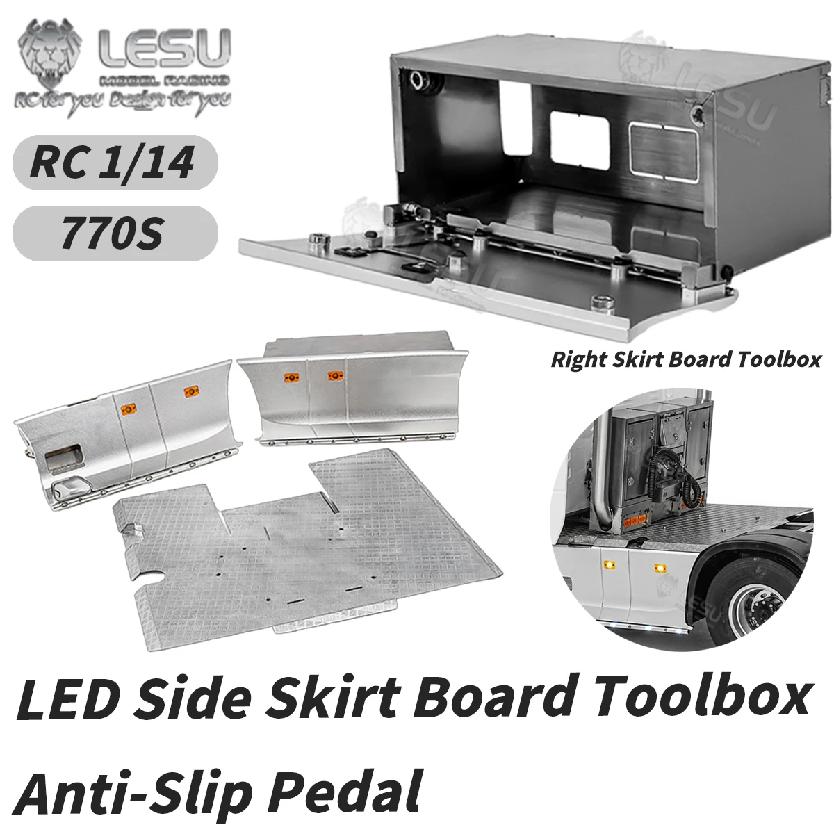 LESU Metal LED Side Skirt Board Toolbox Anti-Slip Pedal KIT for Tamiya 1/14 RC Truck Scania 770S 56368 56371 DIY Upgrade Parts