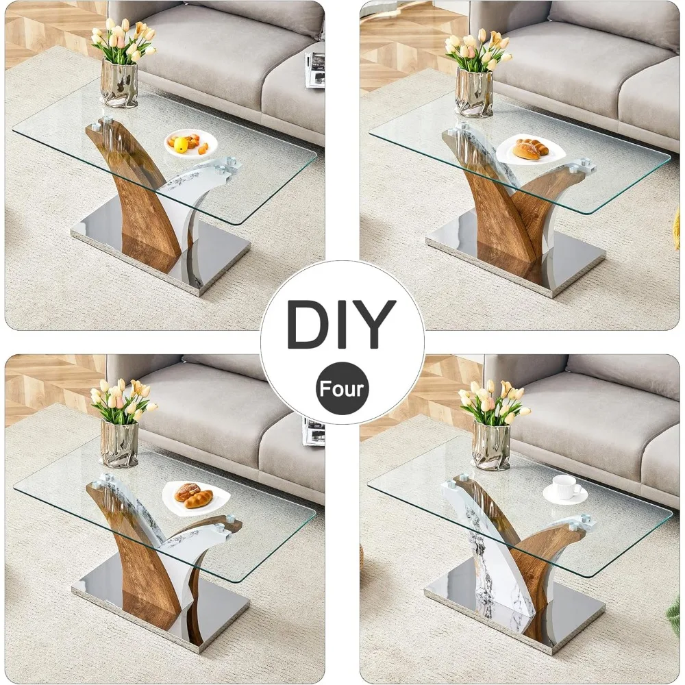 Coffee Table for Living Room, Rectangular Glass Coffee Table, with Two Color Patchwork Creative Wooden Base 39.4" L x 21.6" W x