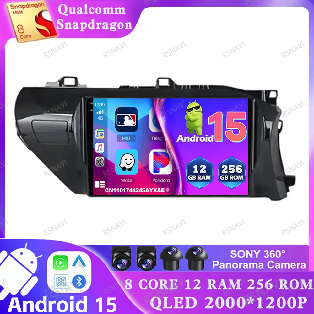 Android 15 Car Radio ForToyota Hilux Pick Up AN120 2015 2016 2017 - 2023 WIFI+ 4G LTE 8 Core IPS Carplay RDS AUTO Snapdragon DSP