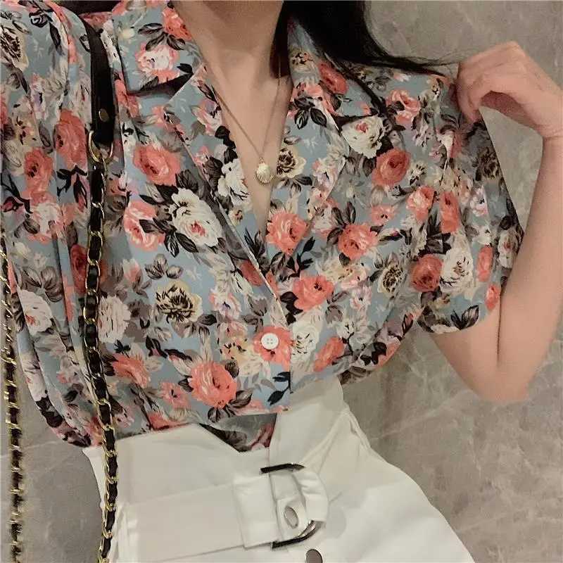 Youth Casual Floral Loose Top Pretty and Cheap Women\'s Blouses Chiffon Short Sleeve Vintage Blue Preppy Woman Buttoned Shirts