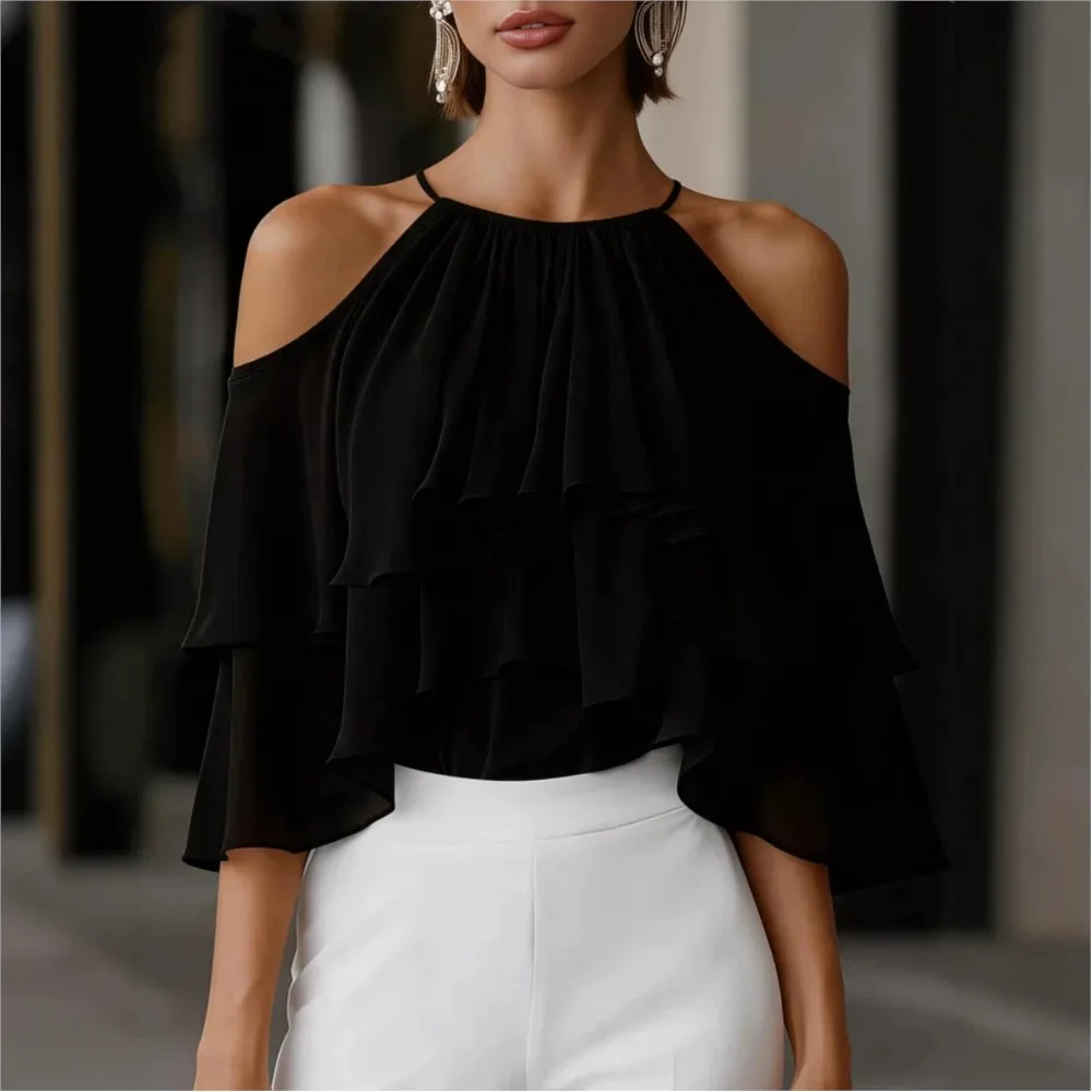 Women Halter Shoulder Blouse Chiffon Ruffle Tiered Flare 3/4 Sleeve Tops Elegant Off‑Shoulder Casual Loose Hanging Neck T-shirt