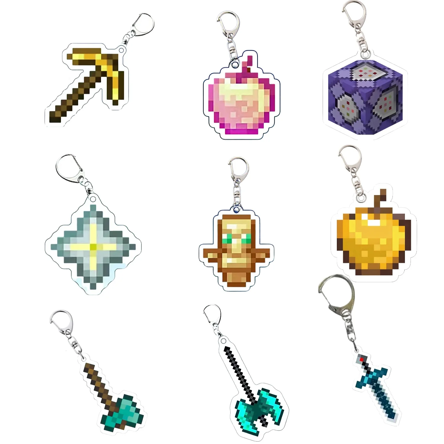 Chaveiro de Personagem de Desenho Animado Pixel World, Pingente de Acrílico Totem da Sobrevivência e Maçã Dourada, Pingente de Bolsa Inspirado em Jogo Kawaii