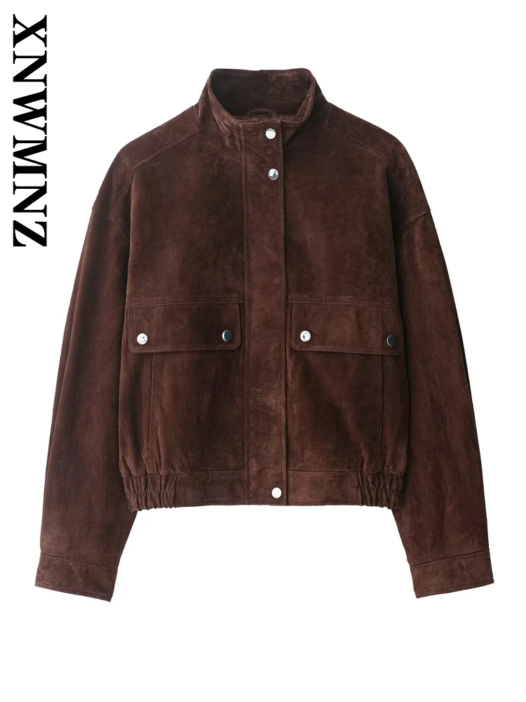 

XNWMNZ Осенняя женская одежда, модное винтажное замшевое пальто с воротником-стойкой и длинными рукавами, простая женская коричневая повседневная верхняя одежда