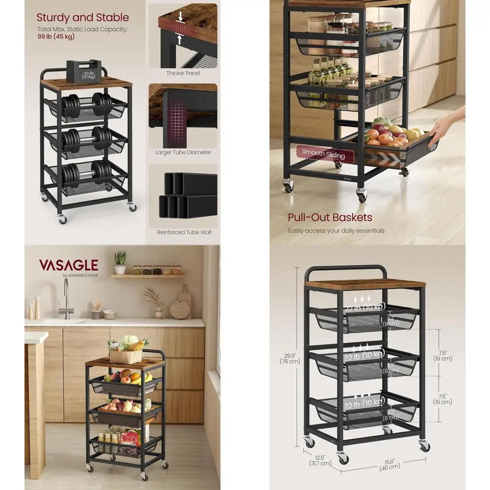 

4-уровневая кухонная тележка в деревенском стиле, коричневая, с выдвижными корзинами, колесами и ручкой, 12.5 x 15.8 x 29.9