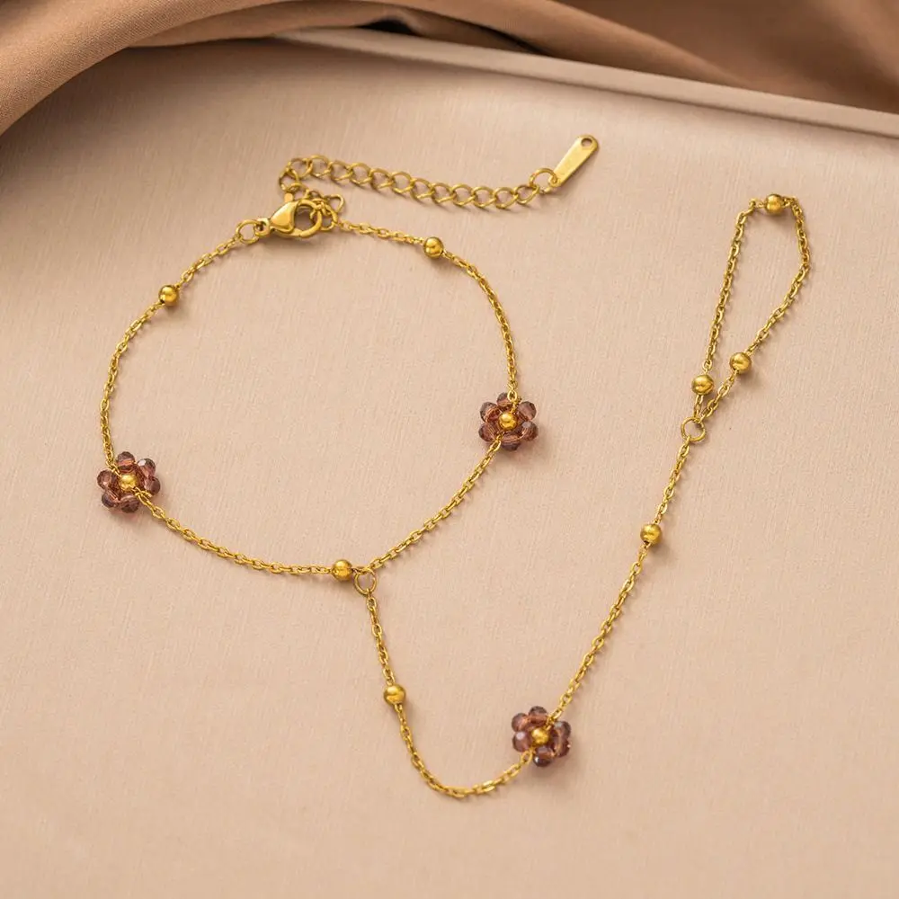 Stainless Steel Flower Bracelet Gold Color Flower Design Crystal Beaded Bracelet Finger Wrist Integrated Crystal Beaded