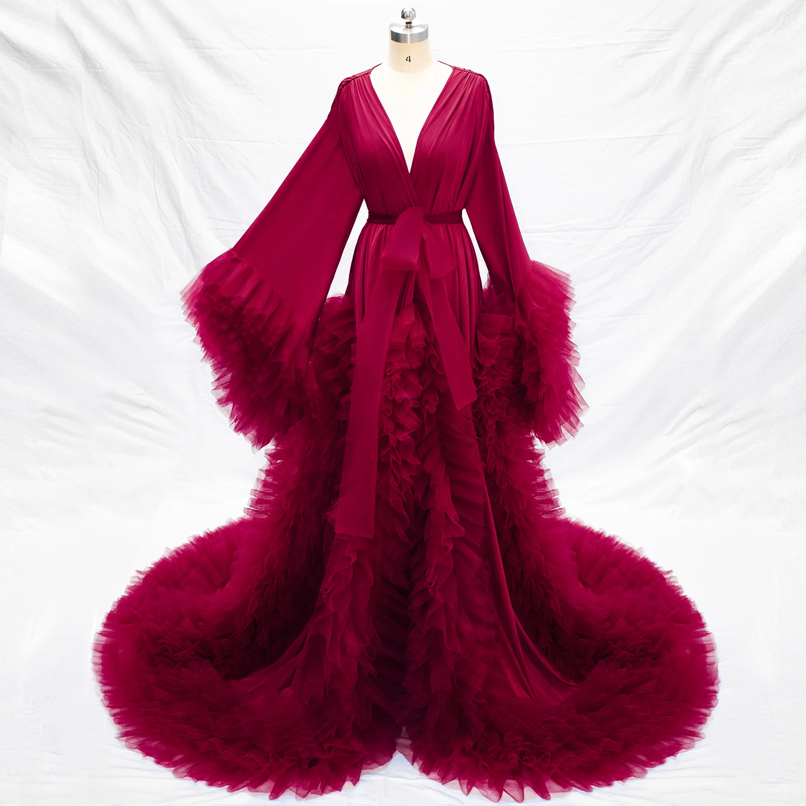Elegant Women Nightgown Pajamas V-Neck Ruffles Lace up Long Sleeve Bridal Wedding Bathrobe for Photography Custom Made