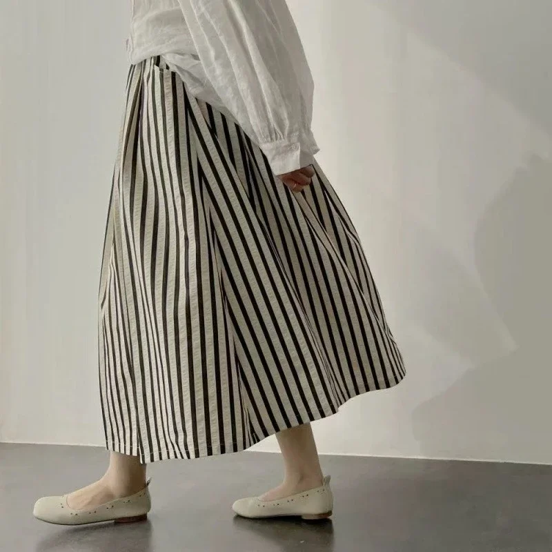 

2026 Summer Retro Stripe Texture High Waist A-line Cotton Half Body Skirt for Women
