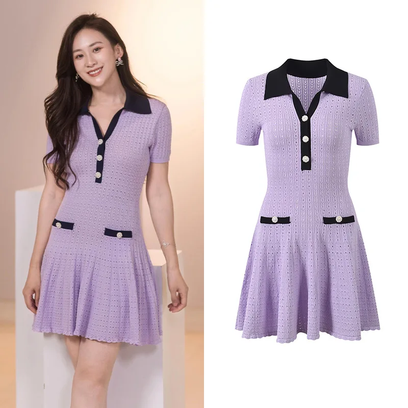 

Summer 2025 New Sle Ele Slim Fit ort Sve Knitted Dr in Lav Color with Stand Collar And Contrast Color Design