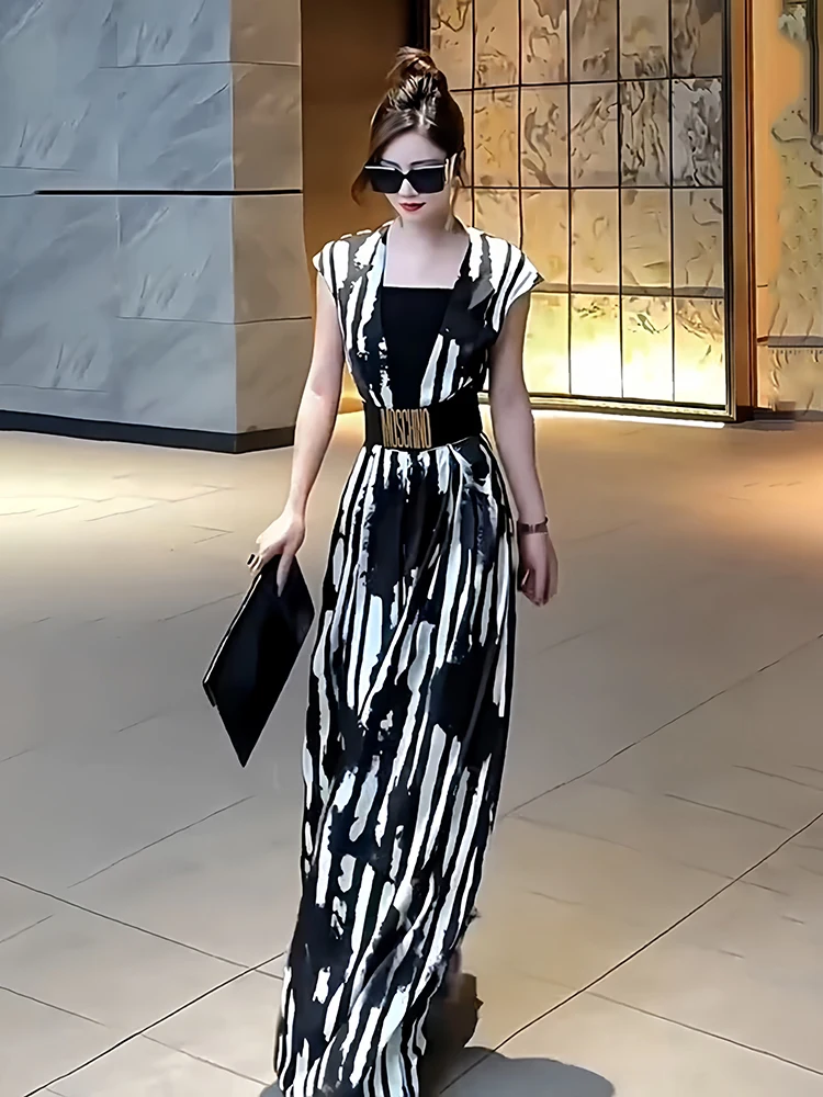 Letni zestaw: wyszczuplający, modny, casualowy kombinezon z wysokim stanem, drapowany, z nadrukiem, elegancki, do pracy, długie spodnie z szerokimi nogawkami.