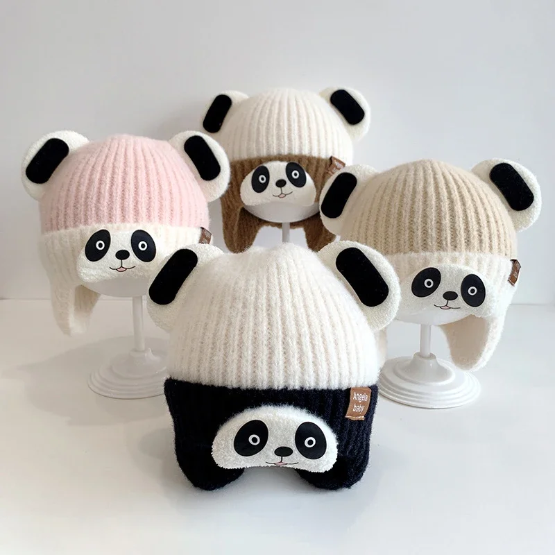 Topi Bayi Rajutan Panda Kartun Topi Balita Bayi Hangat Tebal Musim Dingin Topi Pelindung Telinga Anak Laki-laki Perempuan Lembut