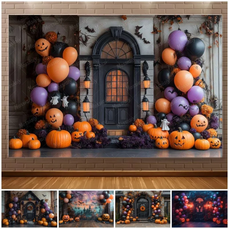 Halloween-Nacht Hintergrunddekoration Ballons Schloss Mond Kürbis Fledermaus Fotografie-Hintergründe Gruseliger Friedhof Foto-Hintergrund