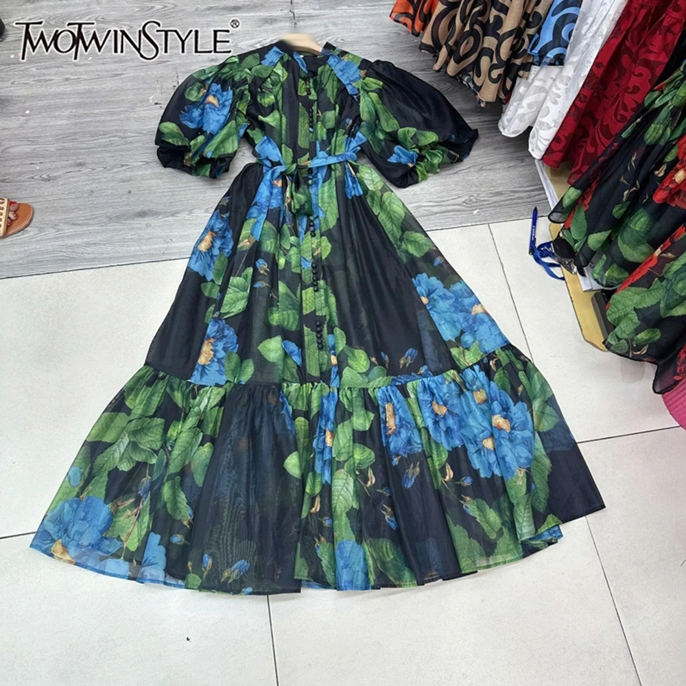 

TWOTWINSTYLE Vintage Print Slimming Dresses For Women Round Neck Puff Sleeve High Waist Elegant Dress Female Fashion KDRB520703