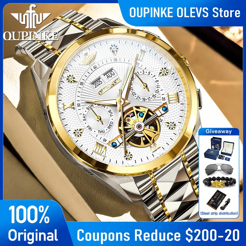 OUPINKE Luxury Original Man Watches Flywheel Mechanical Watch 50M Waterproof Perpetual Calendar Watch Exquisite Gift Box 3270