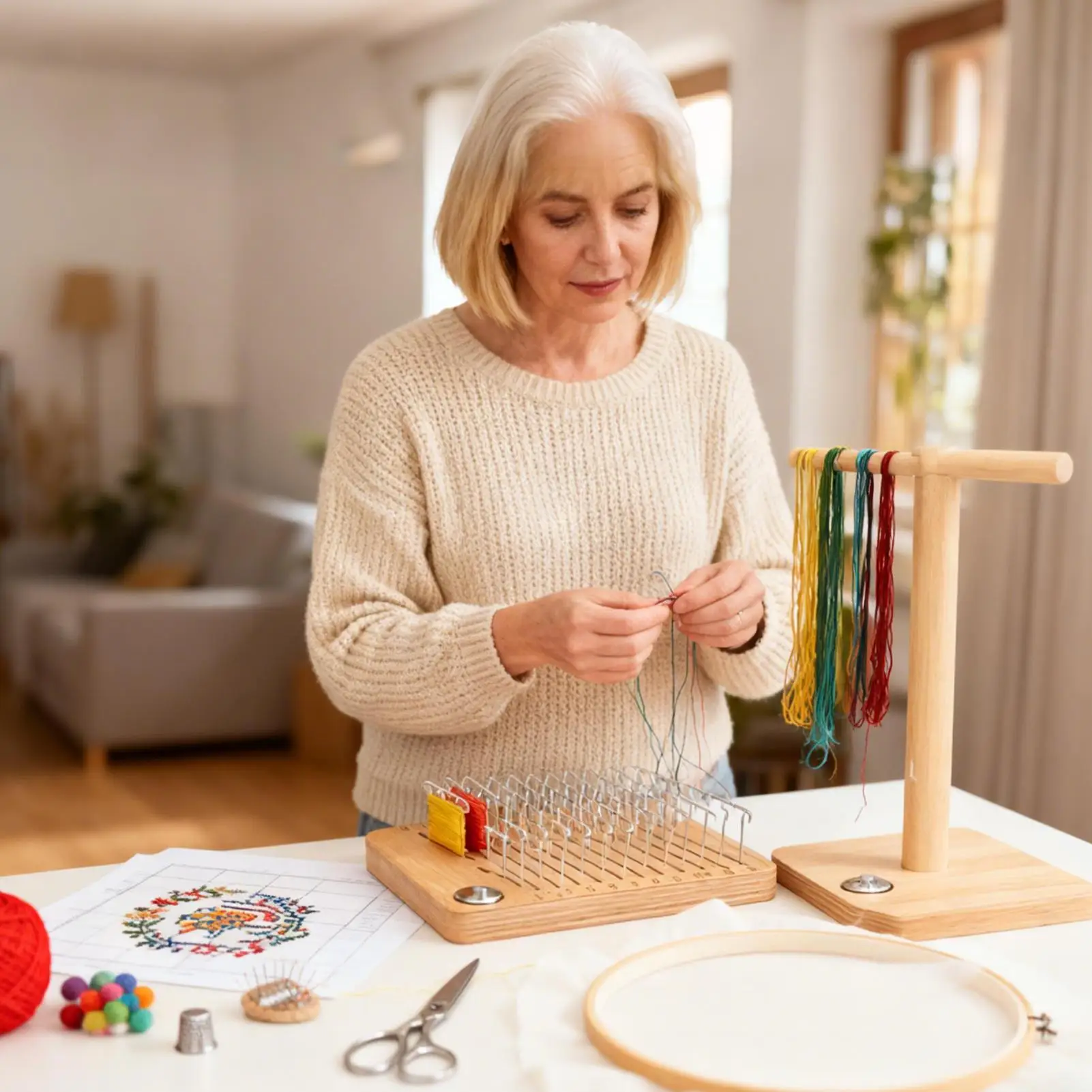 Embroidery Storage Organizer 24-Slot Spool Holder Rack Wooden Embroidery Thread Storage For Arts String Sewing Needlework