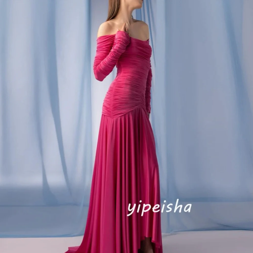 

Customized Matching Sizes Available Hot Pink Chiffon Pleat Ruched Draped Mermaid Off-the-shoulder Floor-Length Evening Dresses