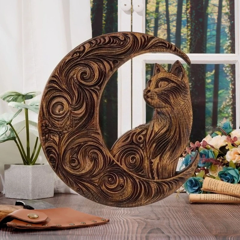 Solid Beech Wood Carved Crescent-Moon Cat Home Decor Artwork, Hanging Table Top Ornament
