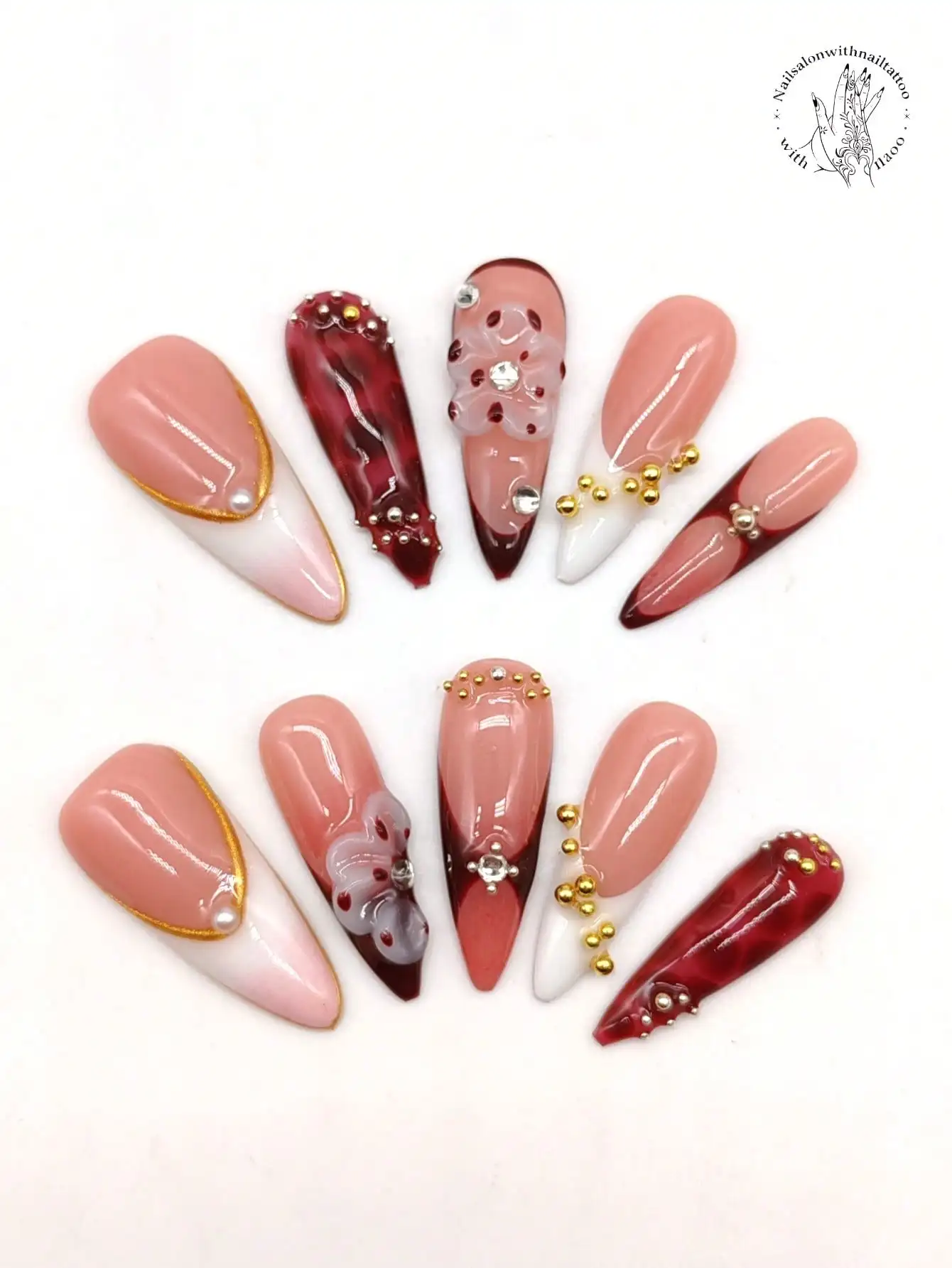 10-Piece Set 33mm Pointed Nail Artifacts French Design Style Brown Coffee White Color Palette with Raised Flowers Gold Balls Sma