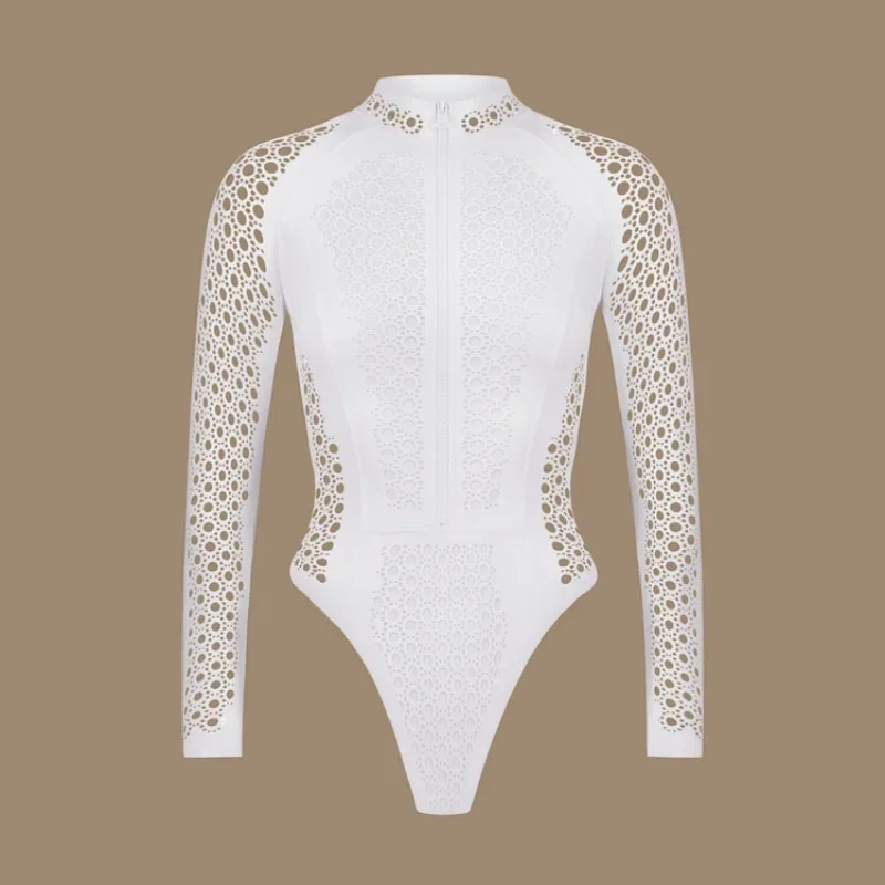 2024 Traje de baño de una pieza blanco recortado de manga larga con cremallera Traje de baño de lujo para vacaciones para mujer Traje de surf