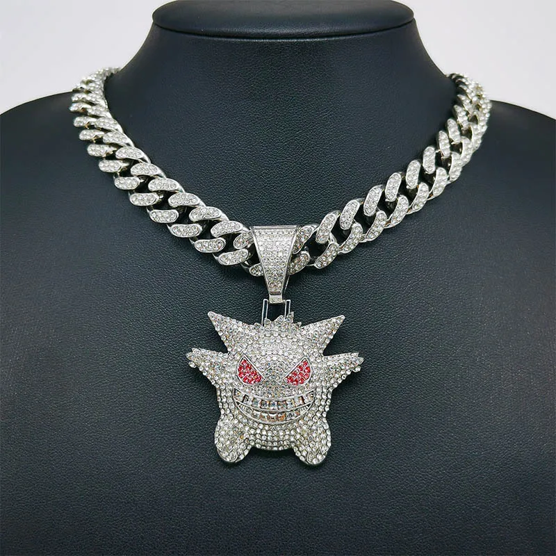 Pet Geng Elf Necklace Anime Diamond Monster Pendant Fashion Cuban Chain Men\'s Necklace Holiday Gifts