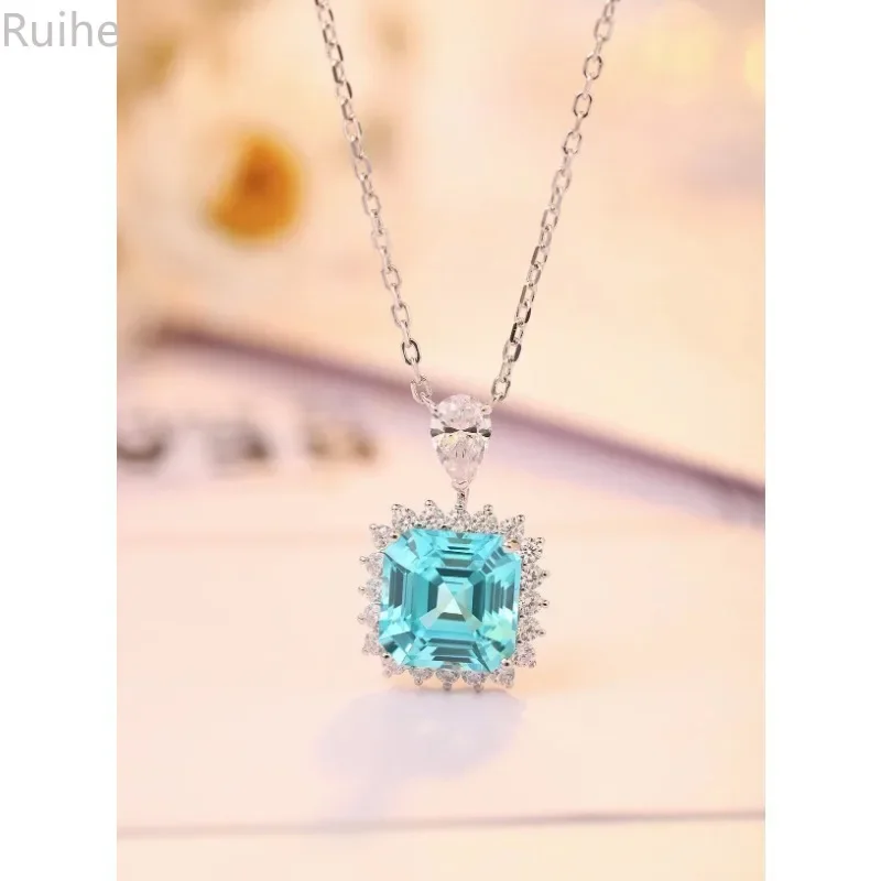 

Ruihe 925 Silver Pendant Necklace Women 5.5ct Lab Grown Paraiba Gmestone Simulated Diamond Zirconia Jewelry for Gift Wedding