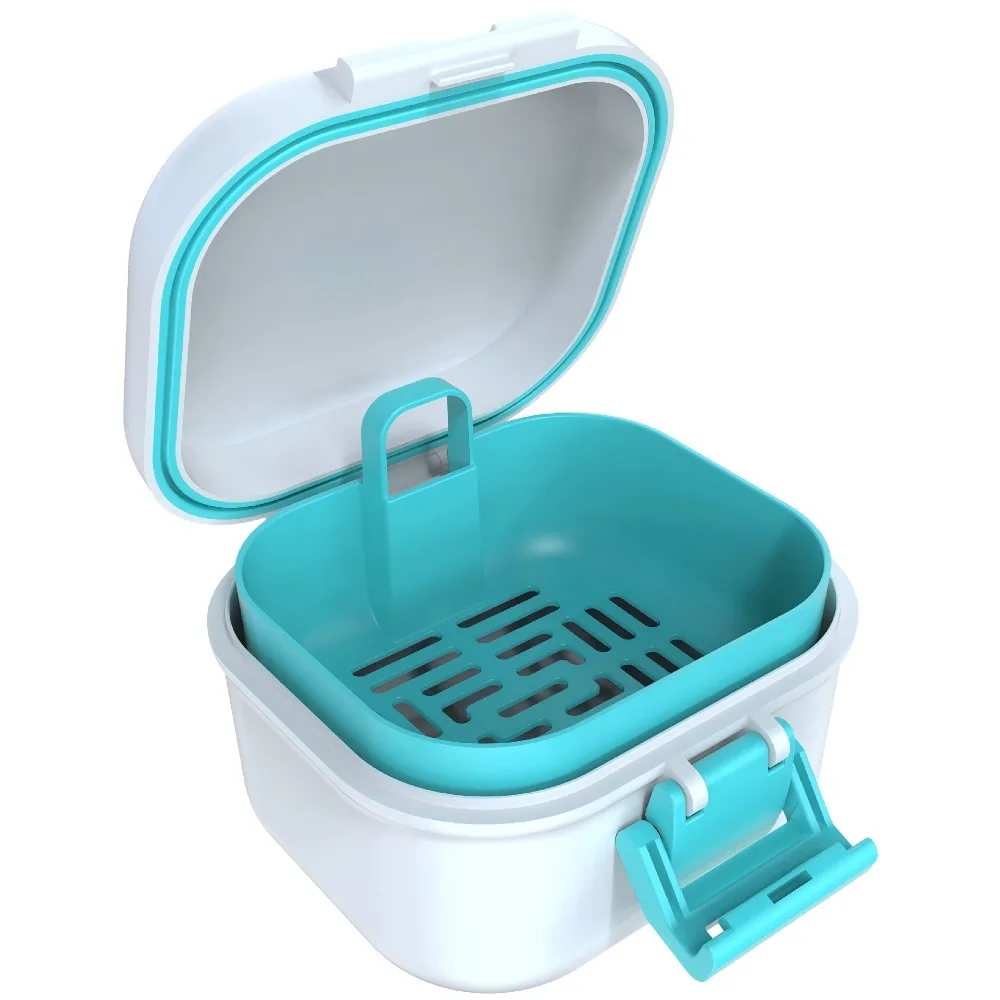 Double-Layer Leak-Proof Denture Soaking Cup with Drain Basket and Ring Protective Travel Denture Storage Case