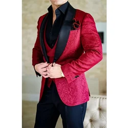 STEVDITG Luxury Men's Suits Red Jacquard Fabric Single Breasted Black Shawl Lapel 3 Piece Jacket Pants Vest Wedding Full Set