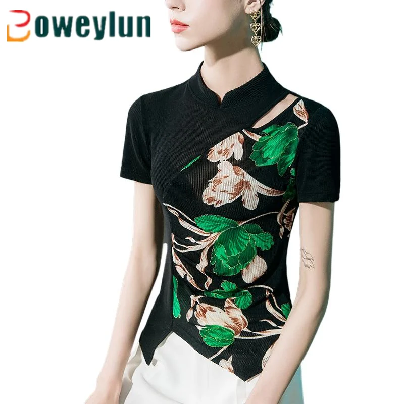 

Boweylun New Chinese-Style Standing Collar Short Sleeve Tops Women's Summer Printed Hollow Out T-Shirt