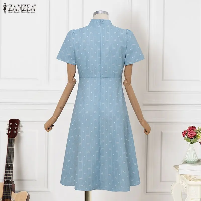 ZANZEA Work Vestidos Elegant Women Dresses Patchwork Collect Waist V-Neck Pleated Midi Sundress 2026 Casual Loose Robe Femme