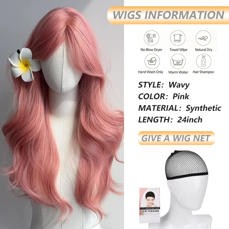 24Inch Pink Wig Long Wavy Synthetic Wigs Middle Part Natural Wave Wig Heat Resistant Cosplay Party Daily Hair Wig for Women