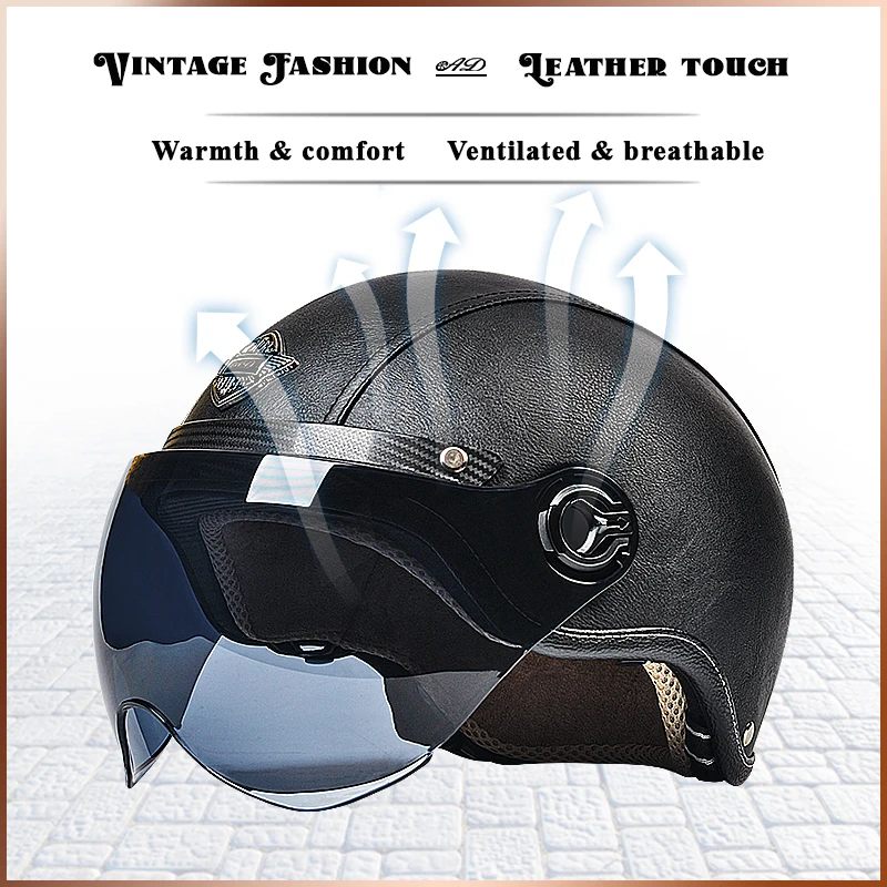 AD Retro Motorcycle Helmets with Harley Visor Leather Helmet for Man Electric Motorbike Vintage Protected Motor Safety Cap