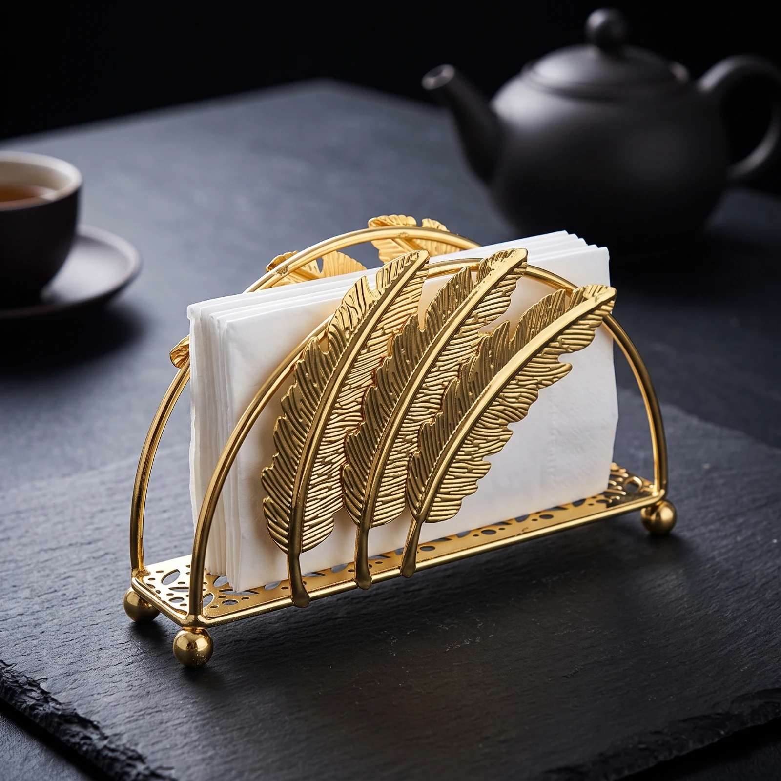 Tissue Holder with Feather Panels Metal Freestanding Napkin Holder Standing Napkin Dispenser Elegant Compact for Dining Table